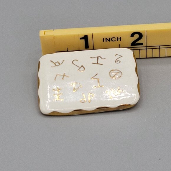 Vintage Ceramic Enamel Brooch With Ancient Symbol Design & Gold Tone Trim - Picture 6 of 7